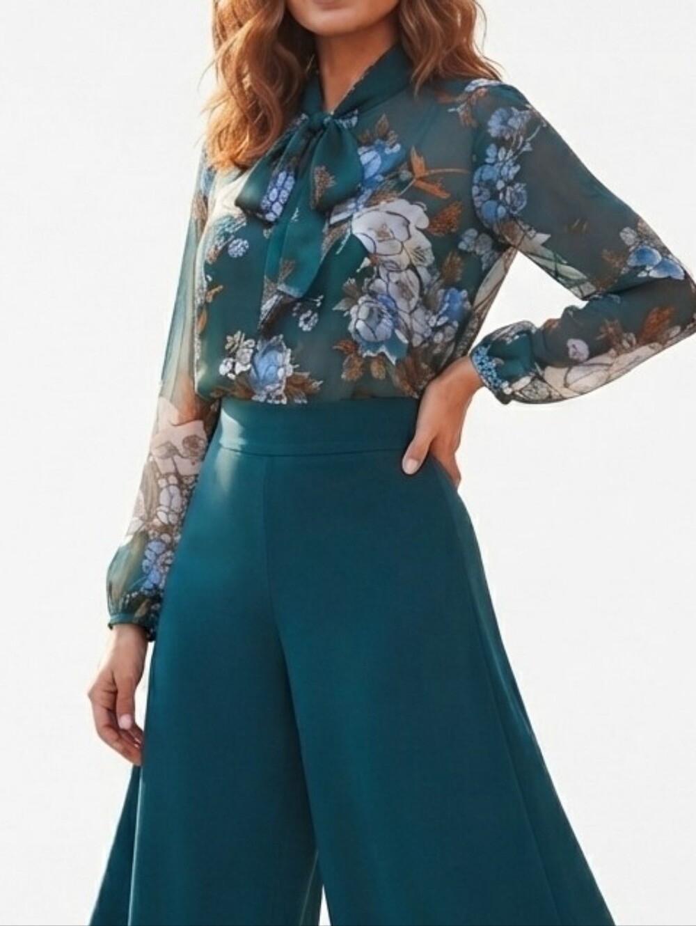Eva Mendes New York & Company Teal Floral Chiffon Tie-Neck Blouse – Size S